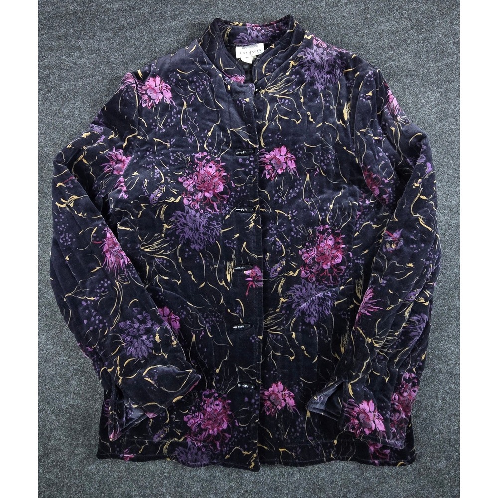 Vtg F.A.CHATTA Women's Quilted Velvet Floral Jacket Mandarin Long Sleeve Size S
